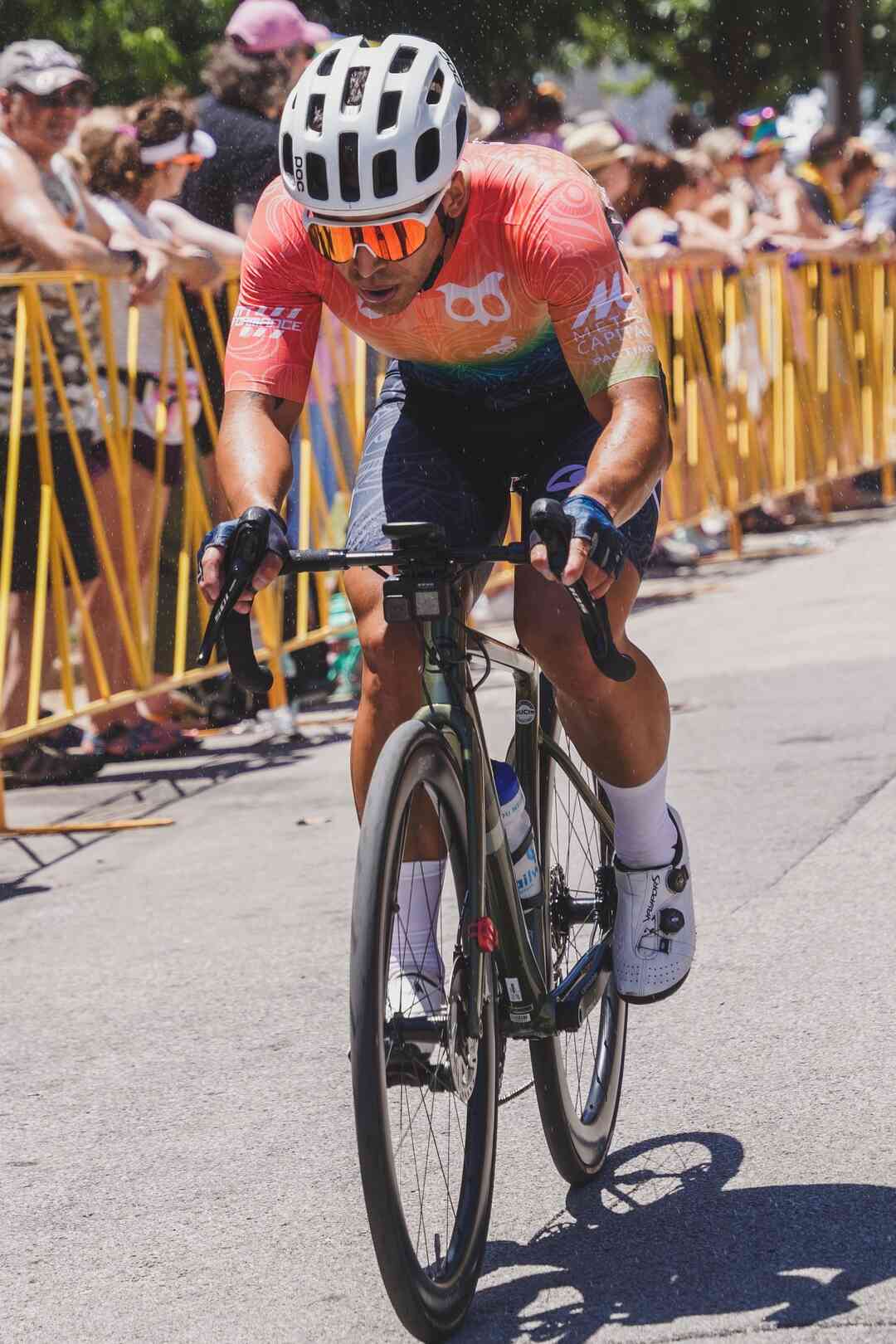 Cyclist racing in Pactimo Custom clothing