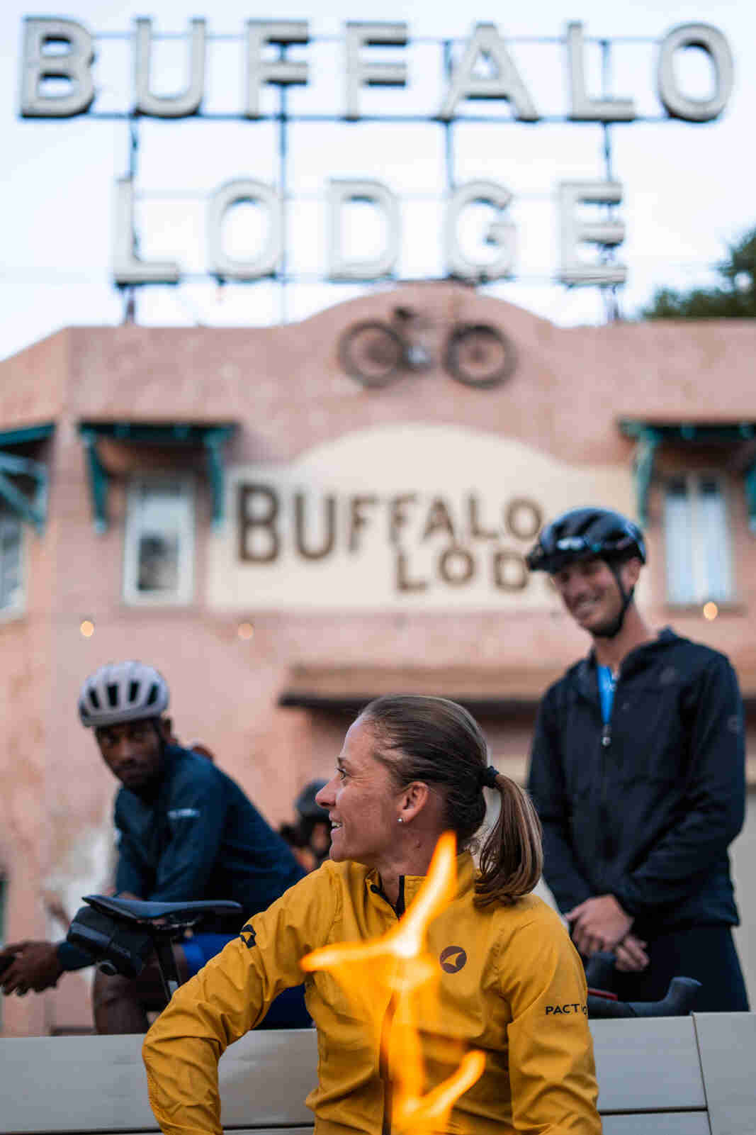 Cyclists at Buffalo Bike Lodge Fire Pit