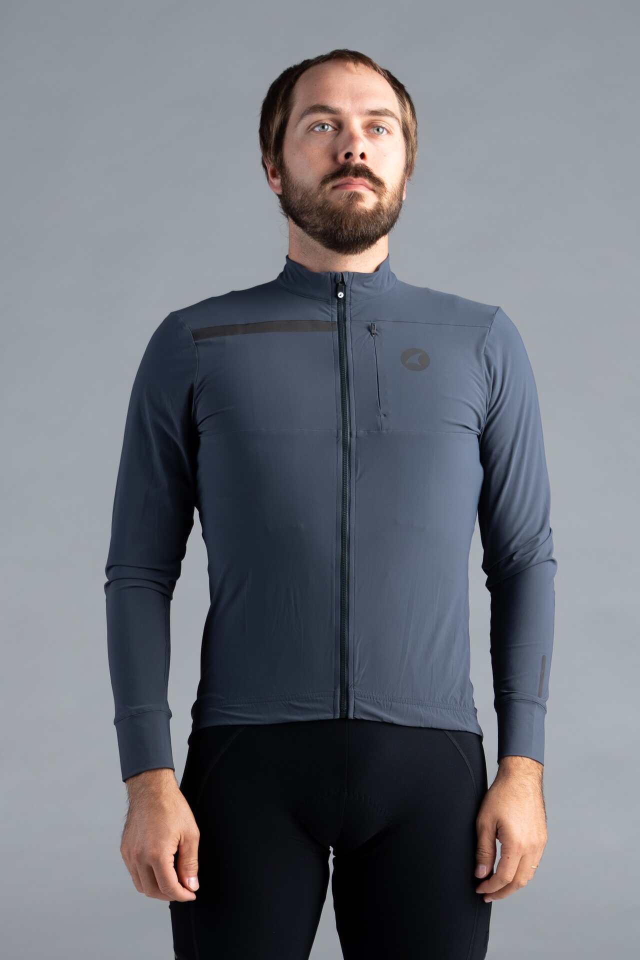 Men's Grey Long Sleeve Cargo Cycling Jersey - Front View