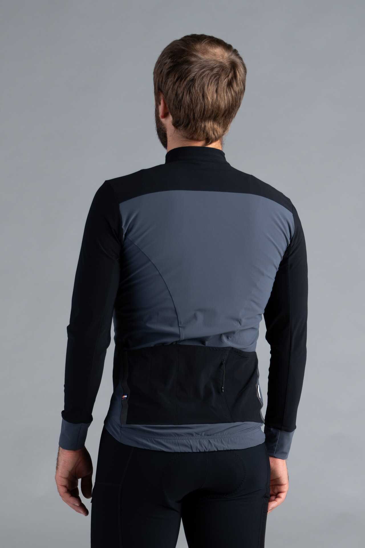 Men's Black and Grey Long Sleeve Cargo Cycling Jersey - Back View
