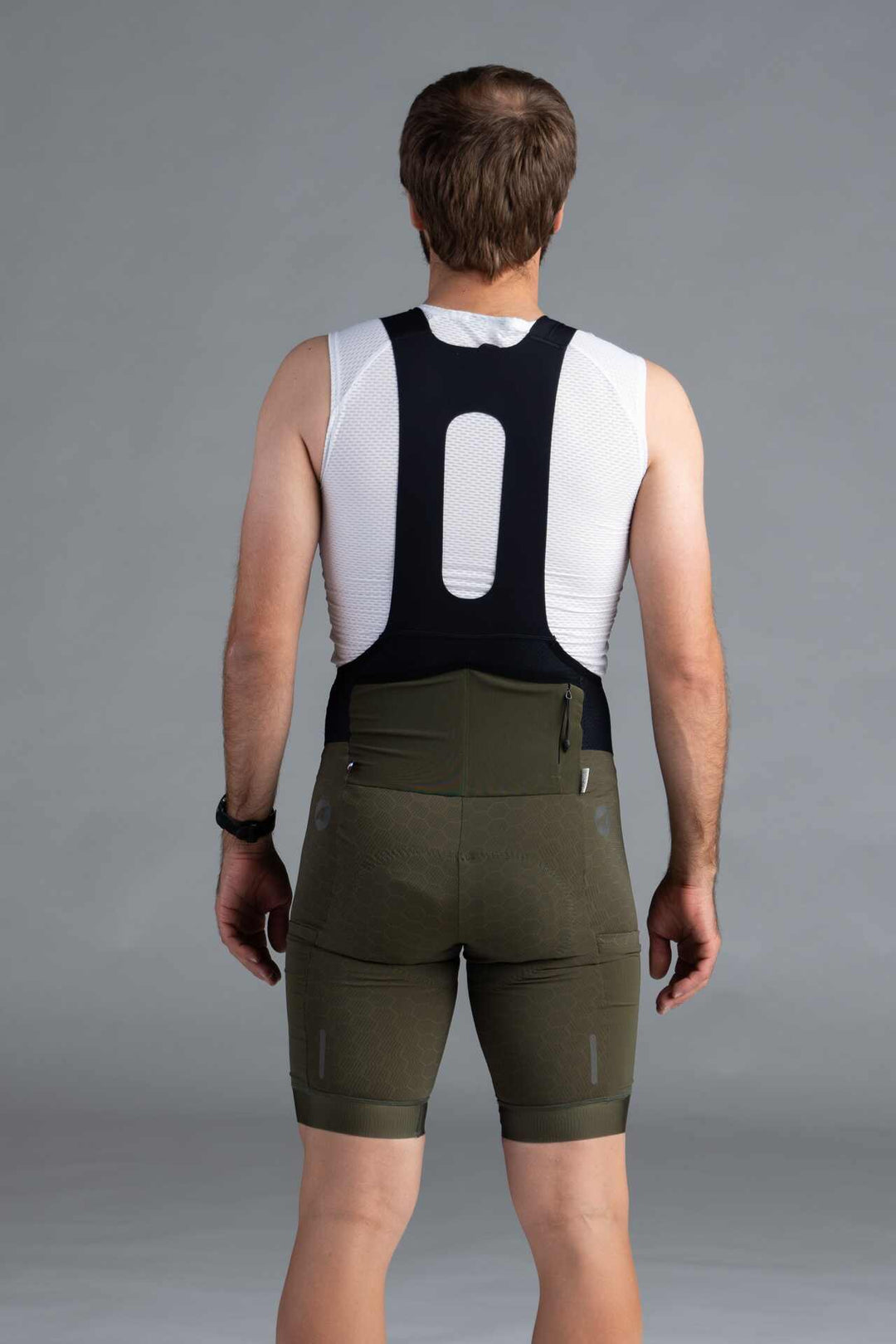 Men's Olive Green 12-Hour Cargo Cycling Bibs - Back View