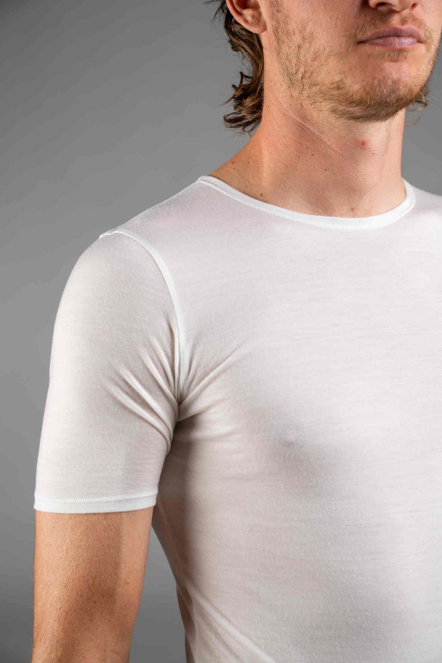 Men's White Merino Wool Cycling Base Layer - Sleeve Close-Up