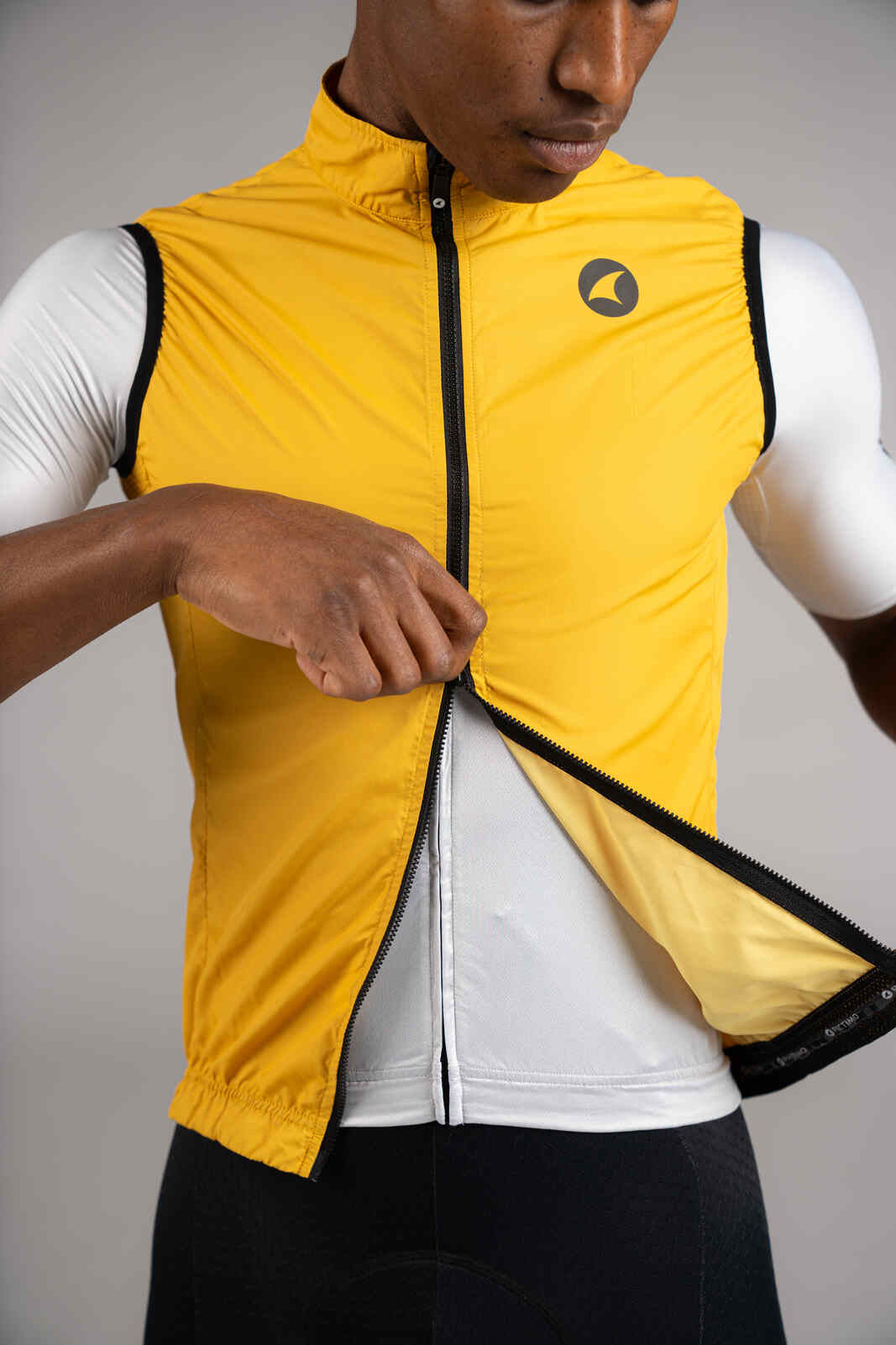 Men's Golden Yellow Packable Cycling Wind Vest - Two-Way Zipper