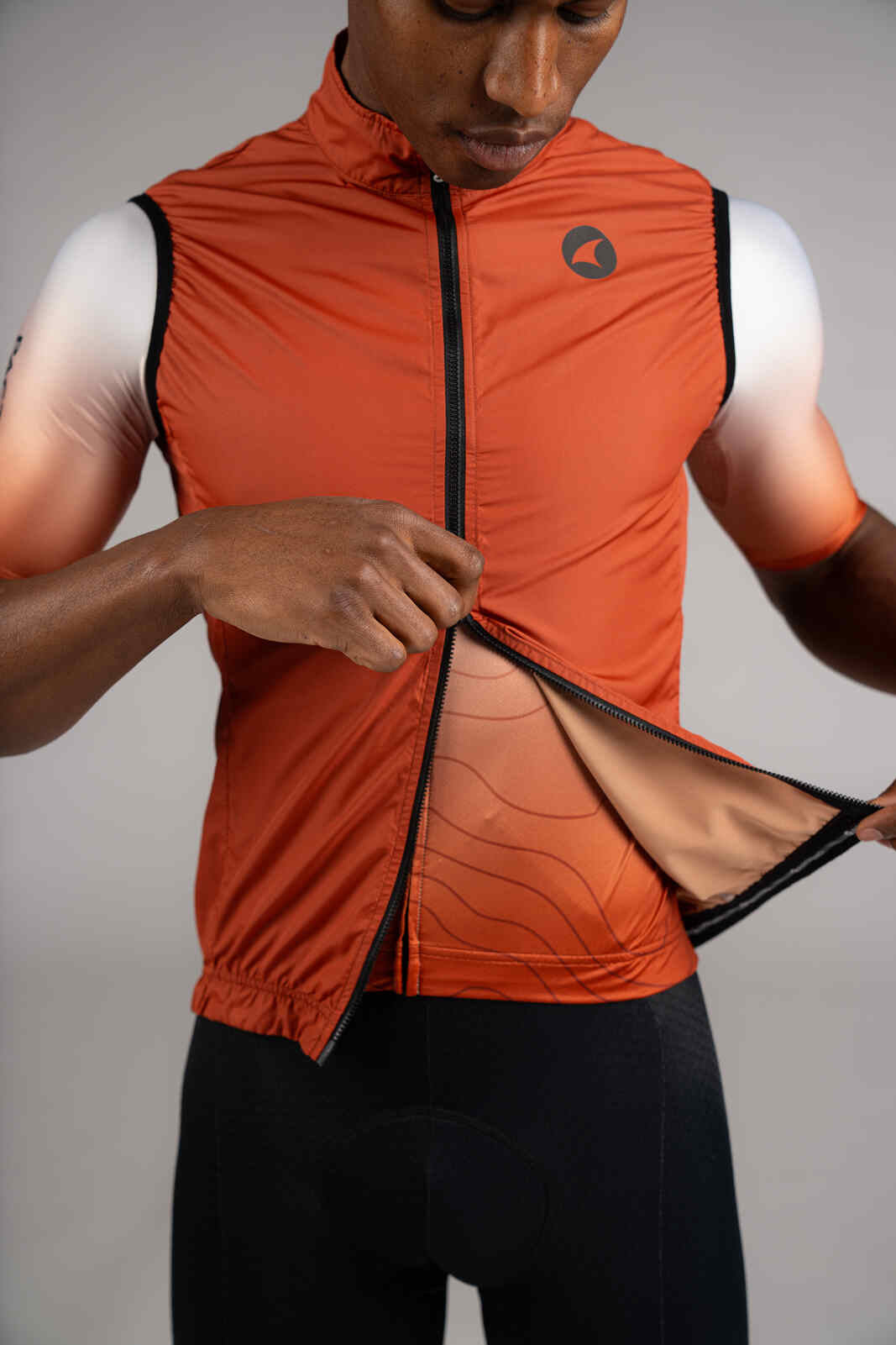 Men's Burnt Orange Packable Cycling Wind Vest - Two-Way Zipper