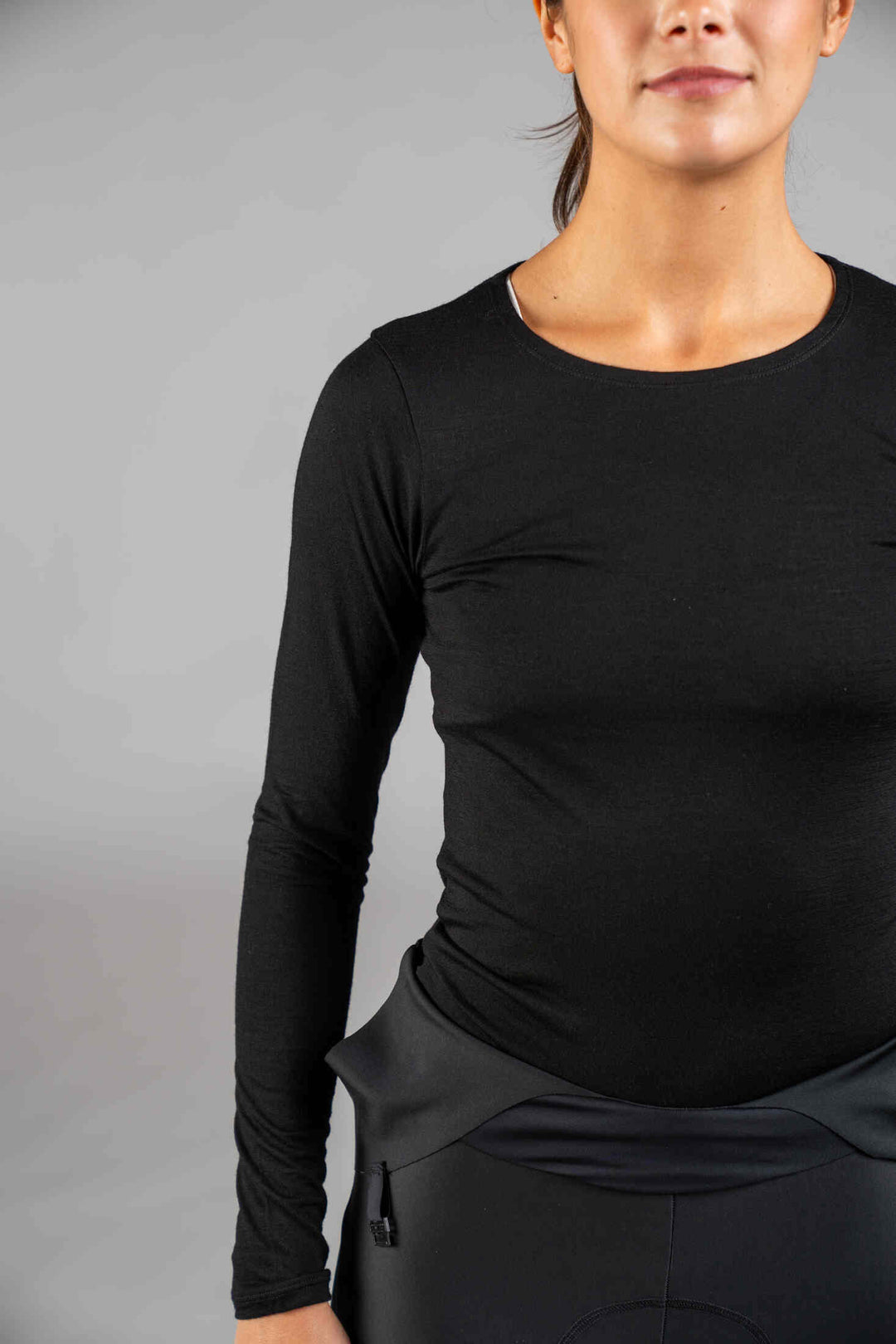 Women's Black Merino Wool Long Sleeve Cycling Base Layer - Close-Up