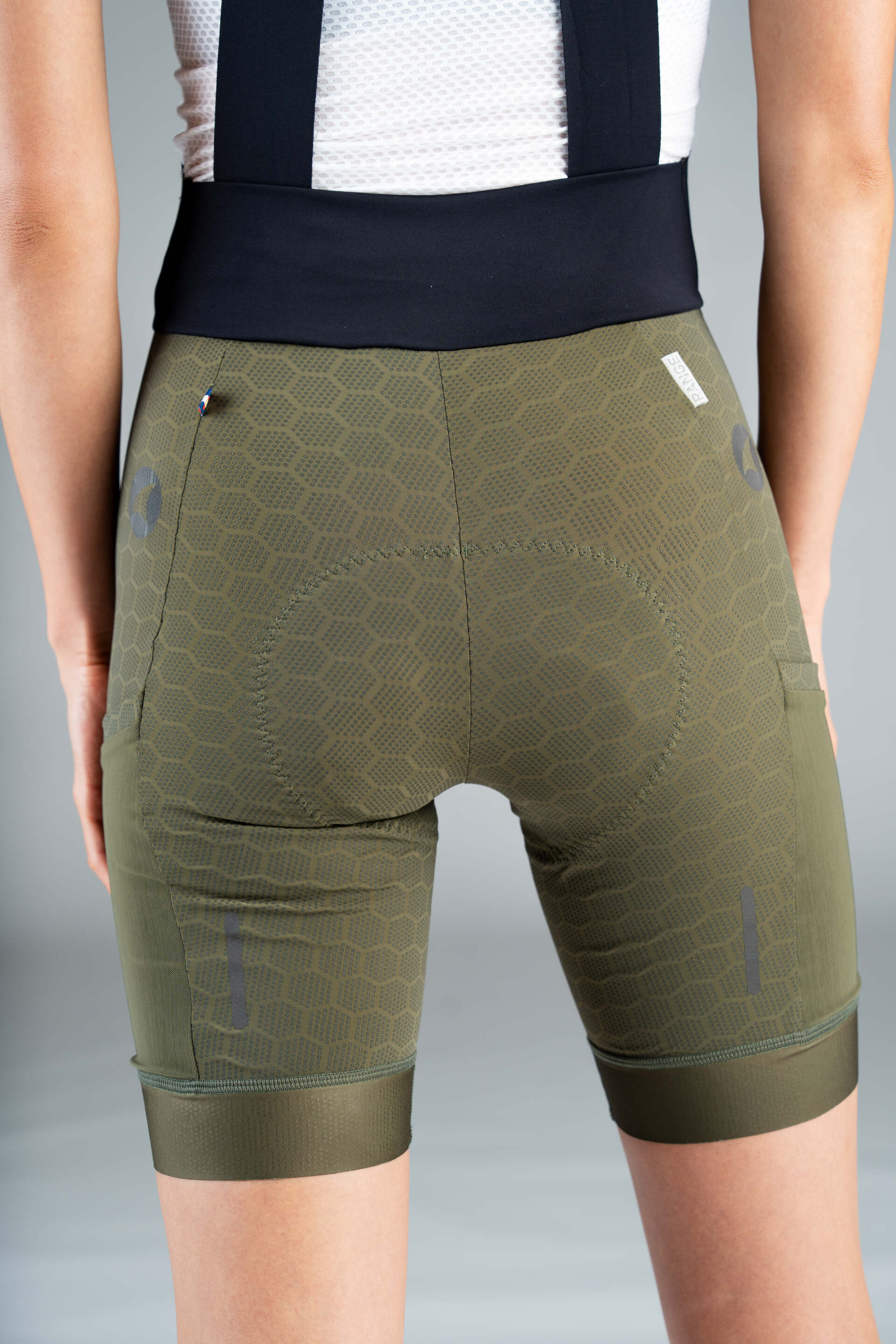 Women's Olive Green 12-Hour Cargo Cycling Bibs - Back Close-Up 2