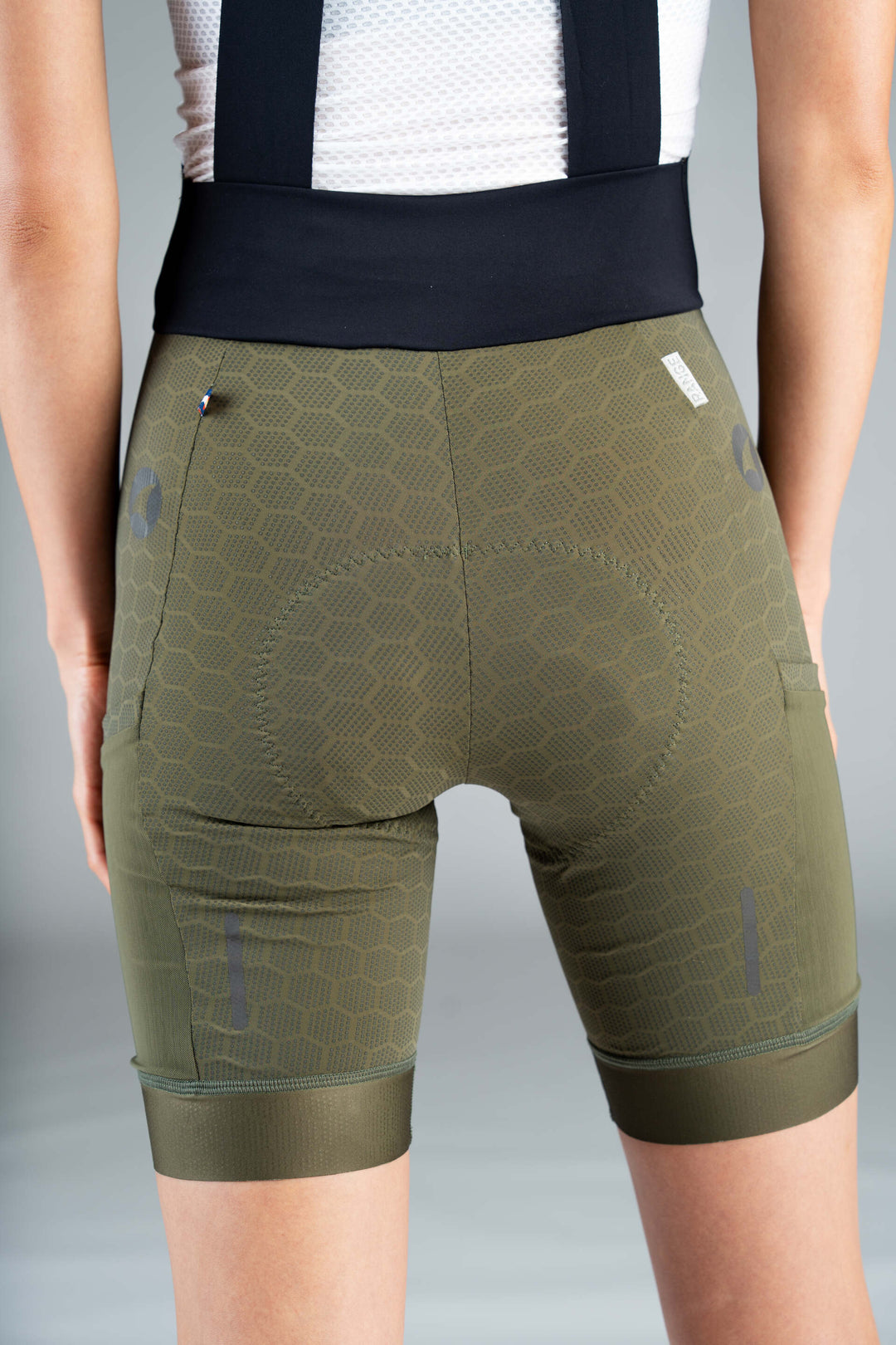 Women's Olive Green 12-Hour Cargo Cycling Bibs - Back Close-Up 2