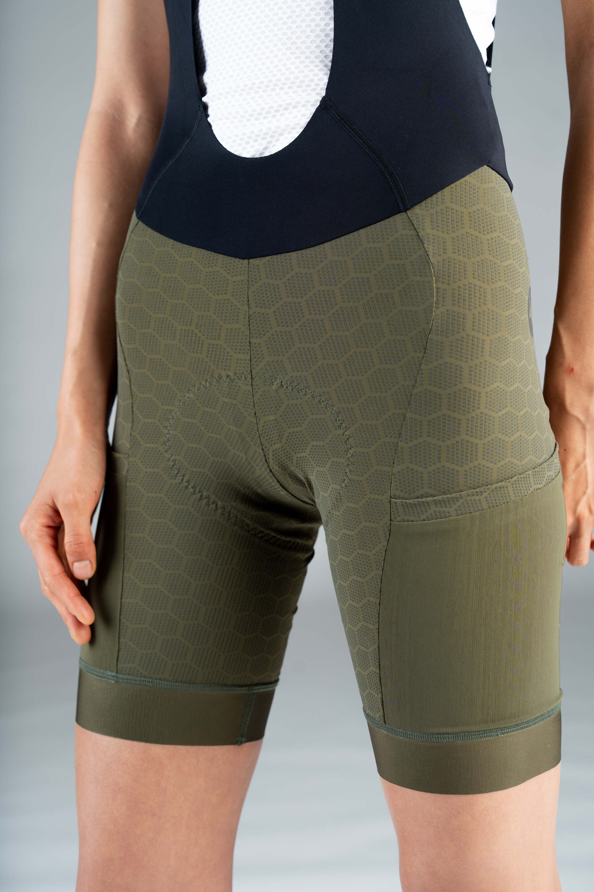 Women's Olive Green 12-Hour Cargo Cycling Bibs - Front Close-Up