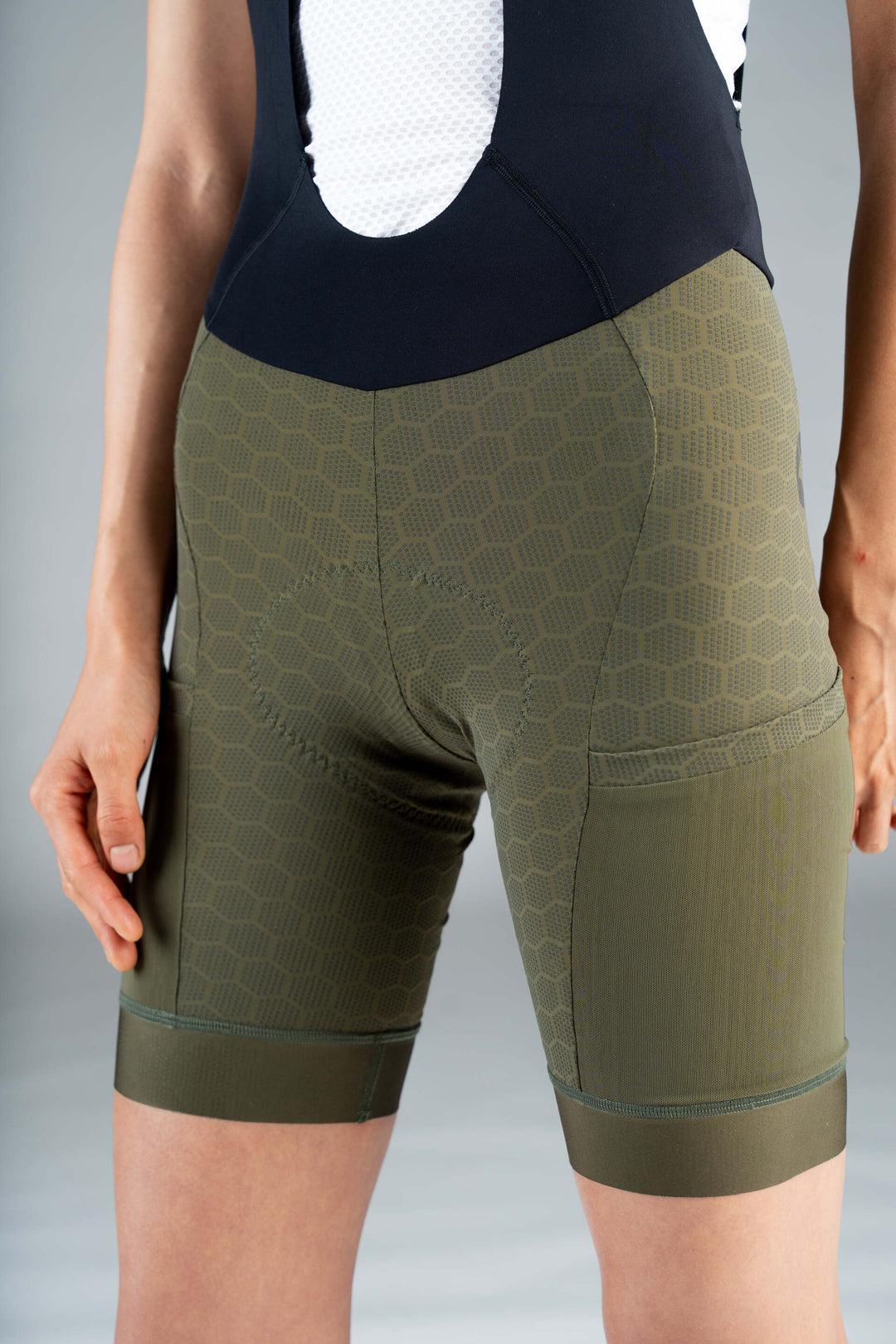 Women's Olive Green 12-Hour Cargo Cycling Bibs - Front Close-Up
