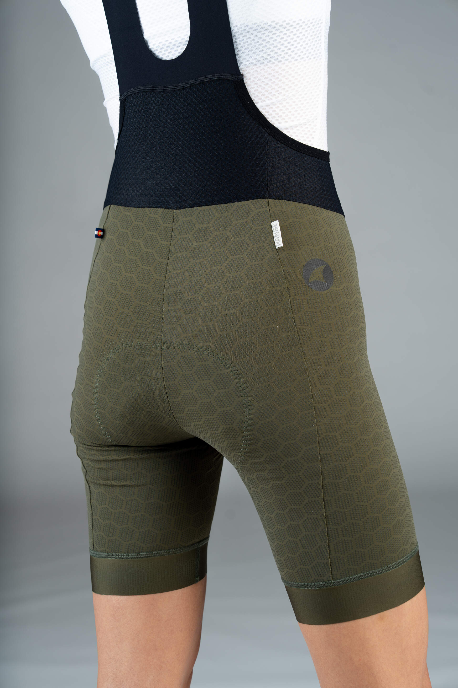 Women's Olive Green 12-Hour Cycling Bibs - Back Close-Up