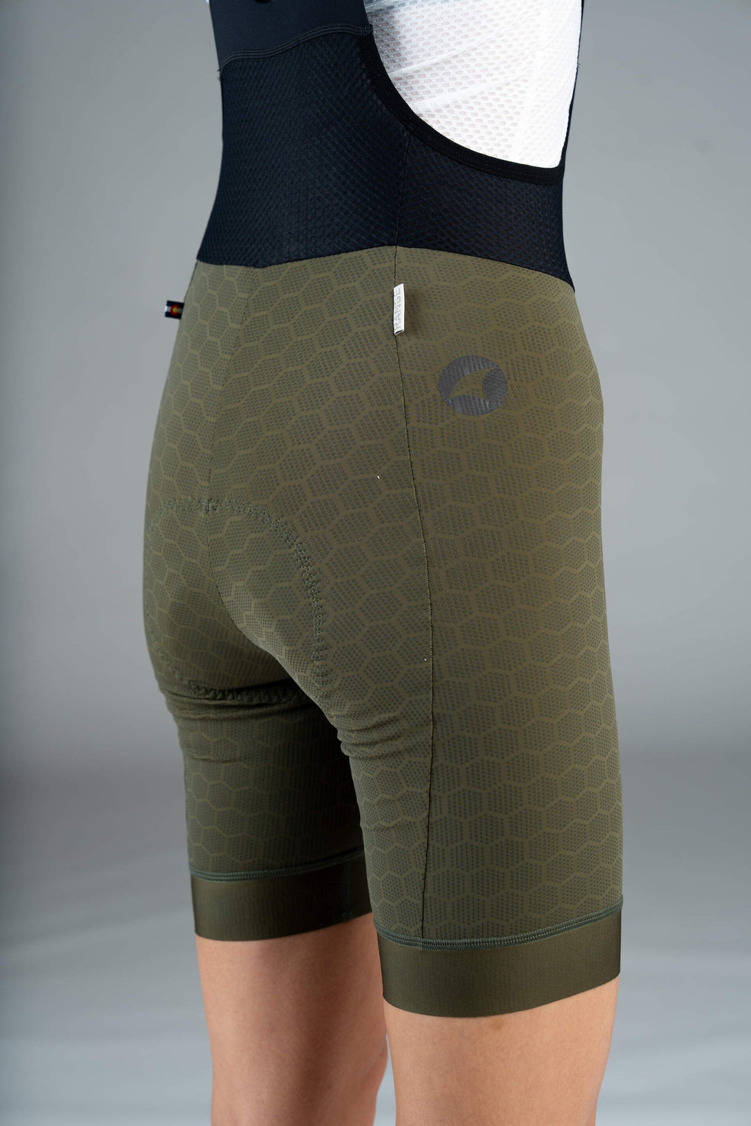 Women's Olive Green 12-Hour Cycling Bibs - Thigh Close-Up