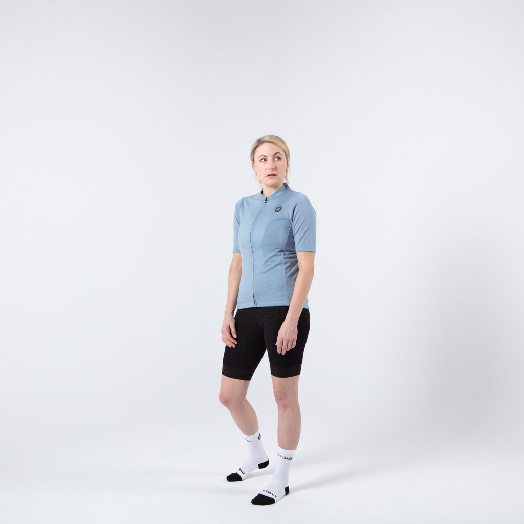 Merino Wool Cycling Jersey for Women - on body Front View #color_stone-blue