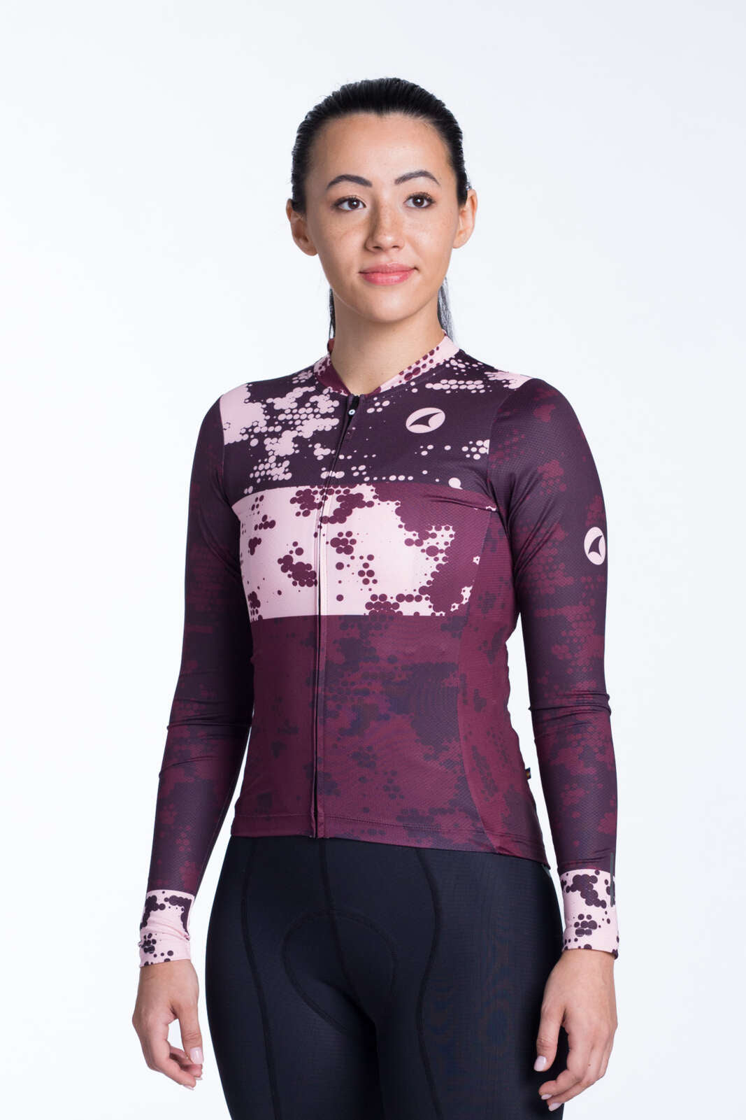 Women's Burgundy Aero Long Sleeve Cycling Jersey - Disperse Front View