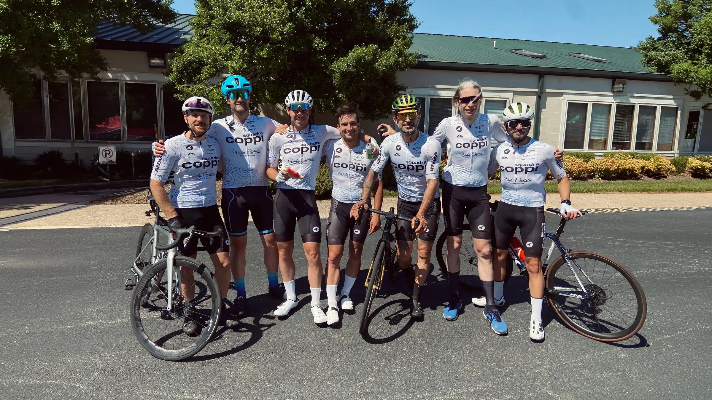 Cycling team in matching cycling kit made by Pactimo