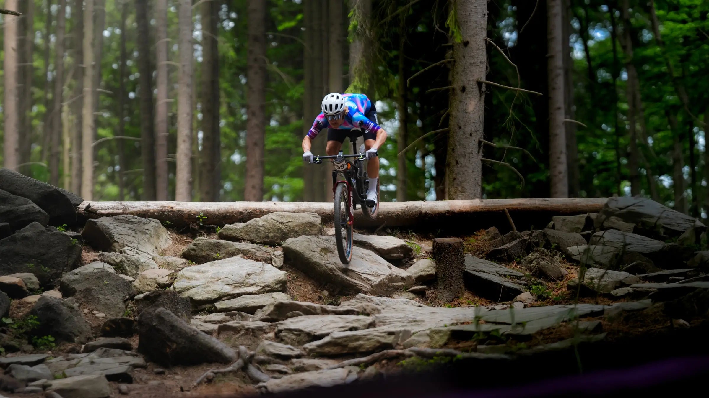 Mountain biker hopping a log in the forrest