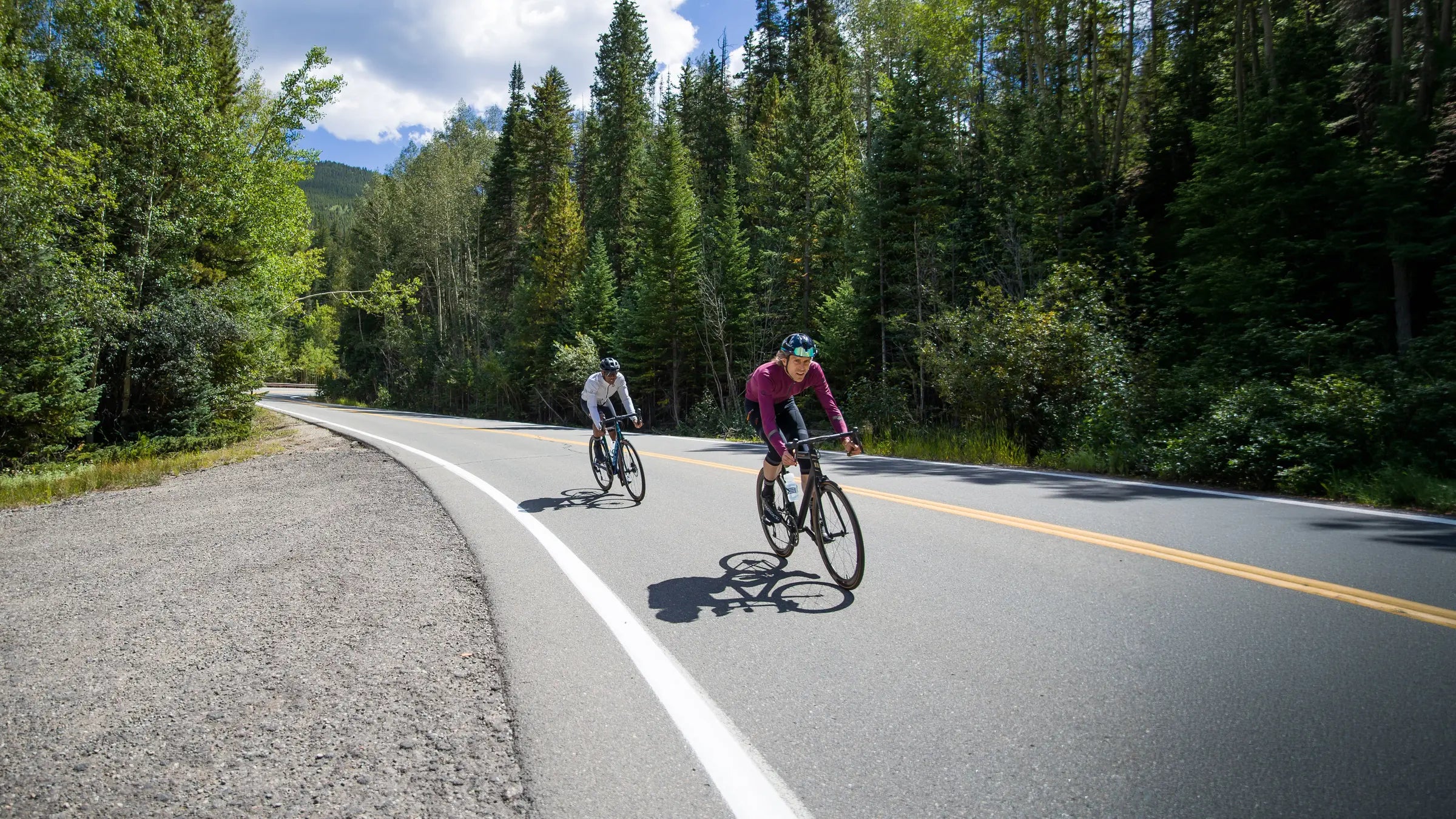 Two cyclist descending a road through a forested area