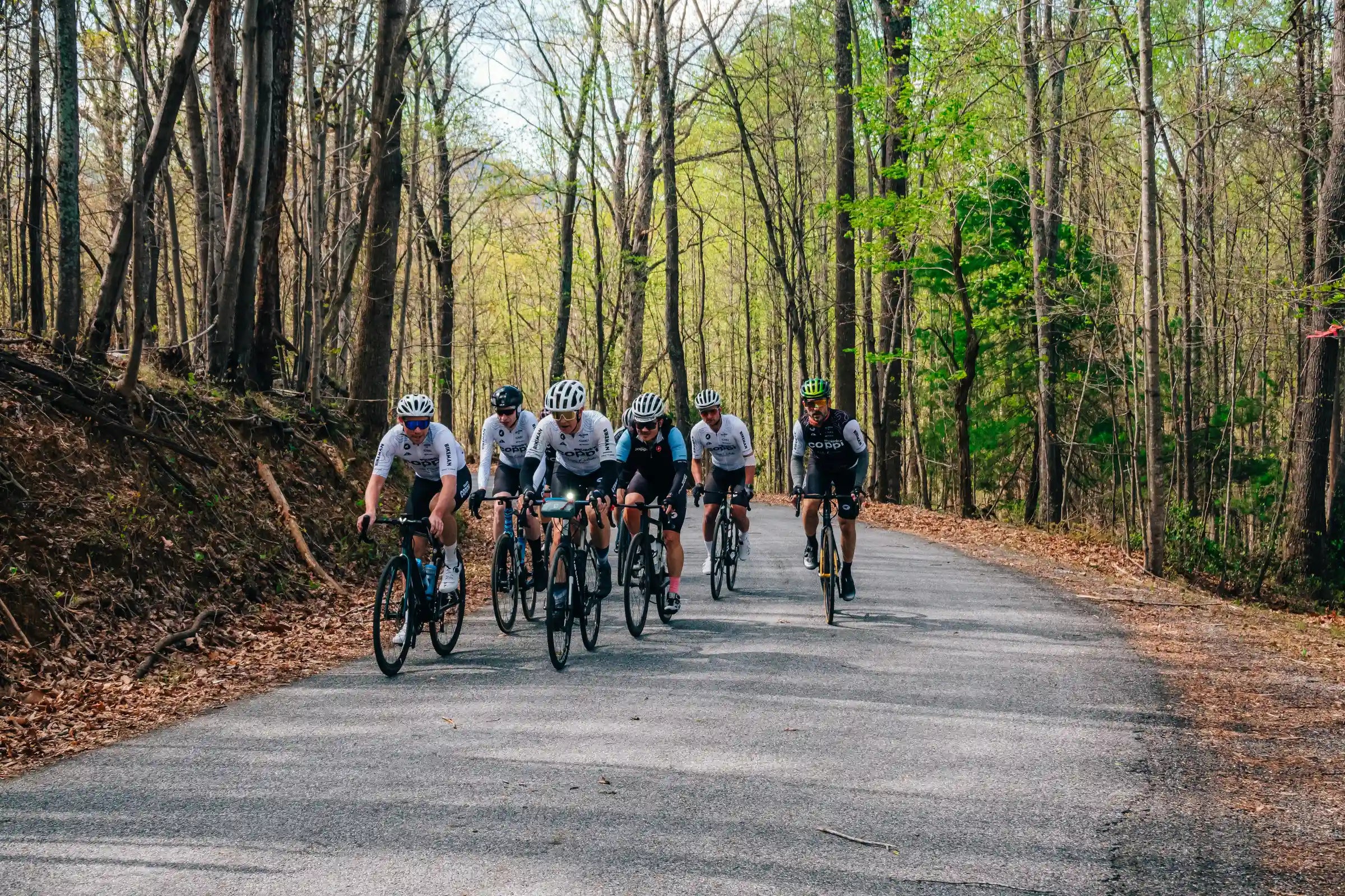 a cycling team out on a group ride in the woods