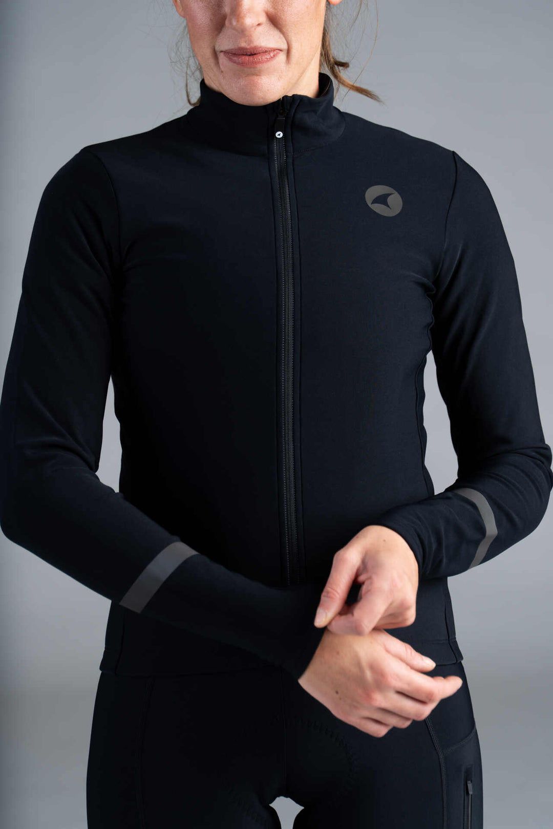 Women's Black Thermal Long Sleeve Cycling Jersey - Sleeve Close-Up