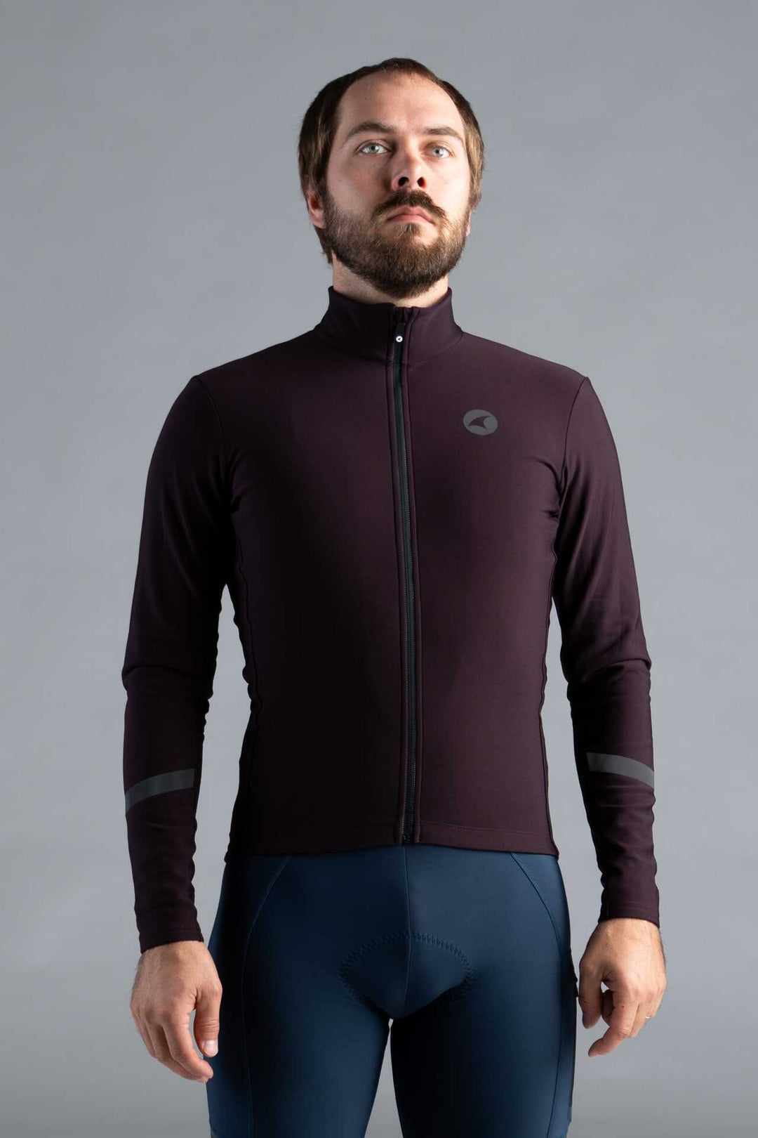 Men's Maroon Thermal Long Sleeve Cycling Jersey - Front View