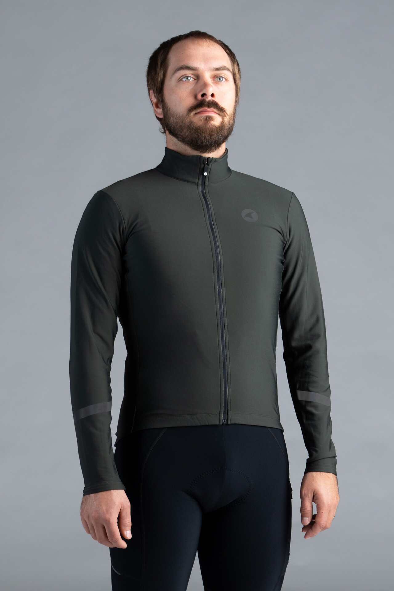Men's Dark Green Thermal Long Sleeve Cycling Jersey - Front View