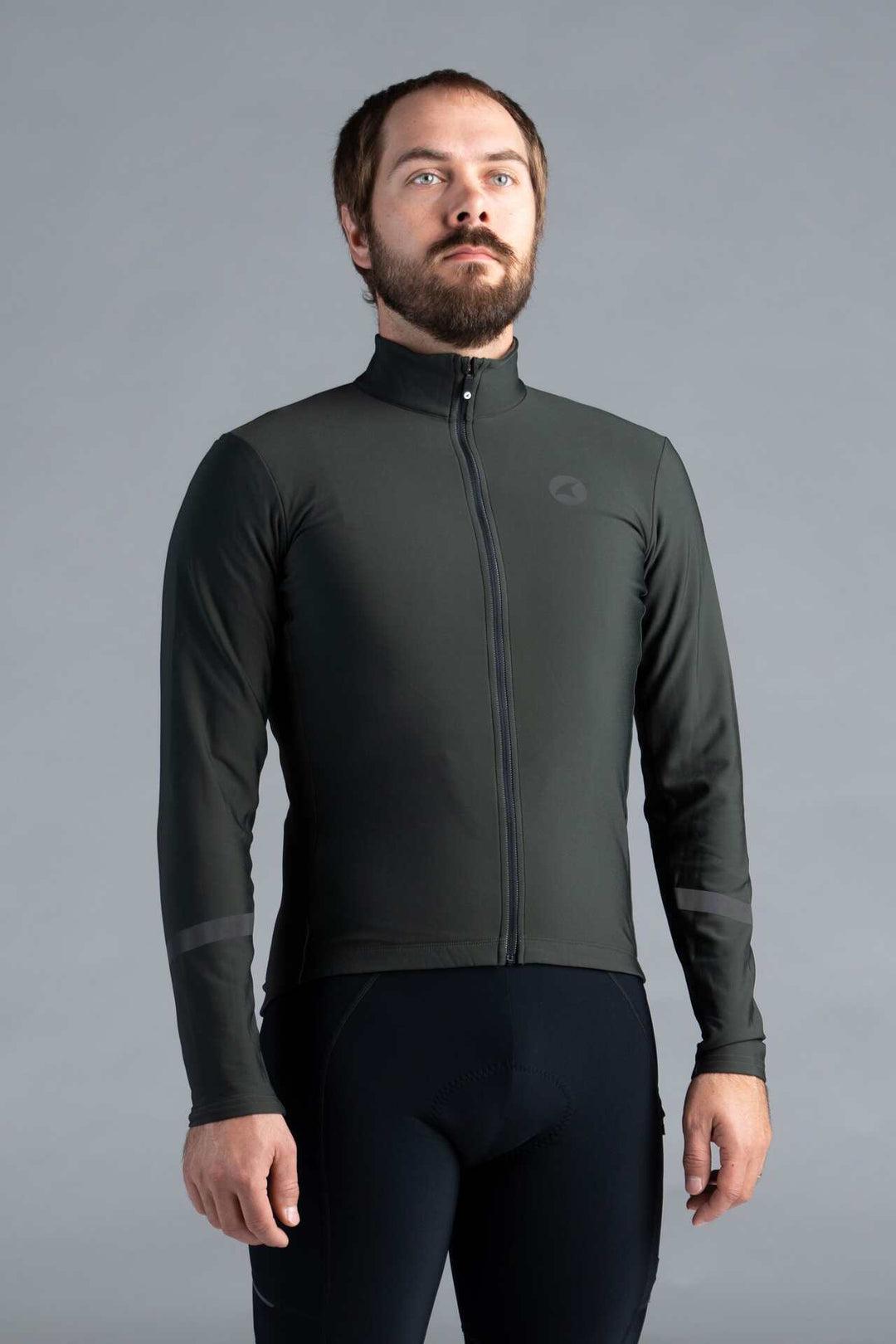 Men's Dark Green Thermal Long Sleeve Cycling Jersey - Front View