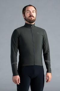 Men's Dark Green Thermal Long Sleeve Cycling Jersey - Front View