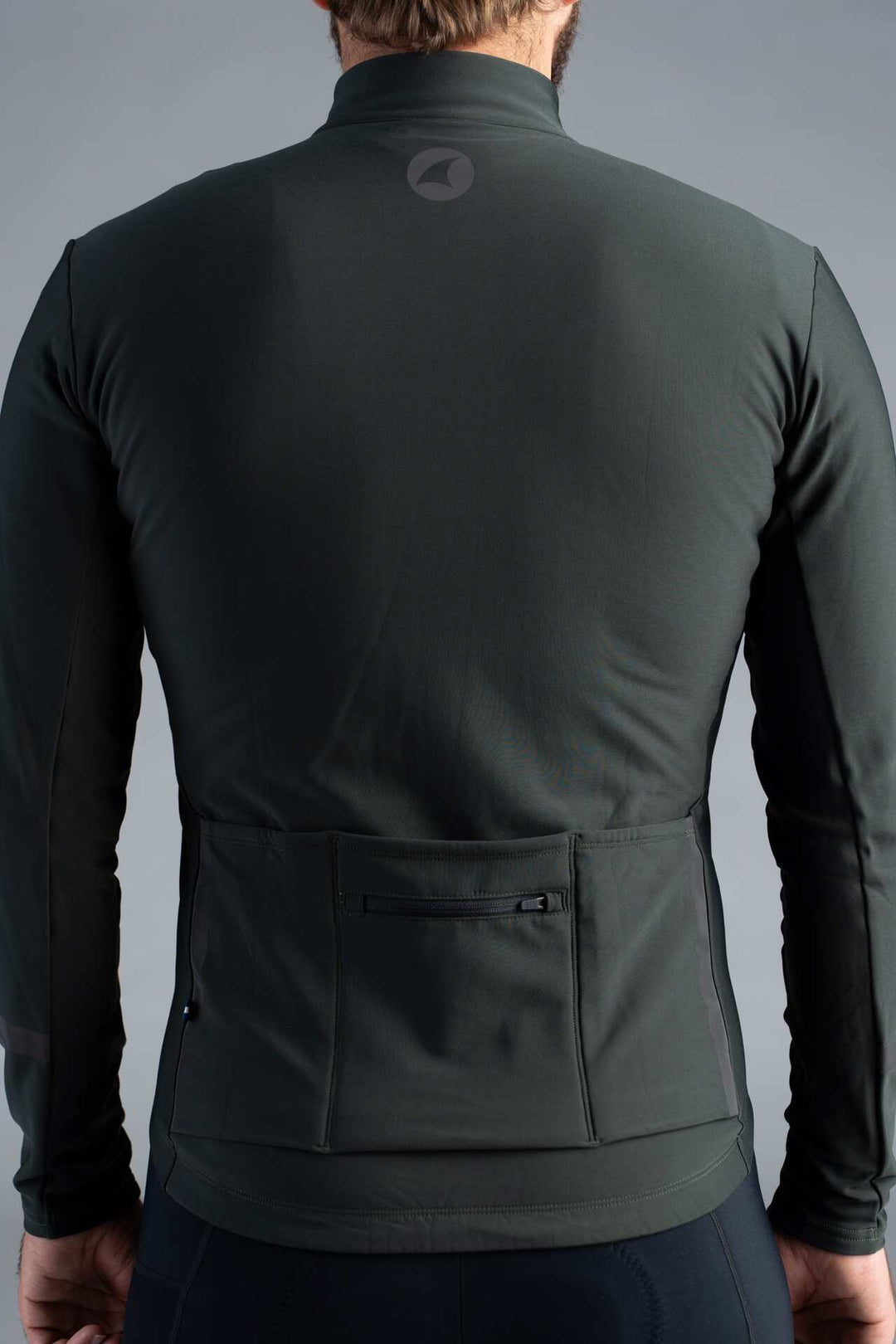 Men's Dark Green Thermal Long Sleeve Cycling Jersey - Back Pockets