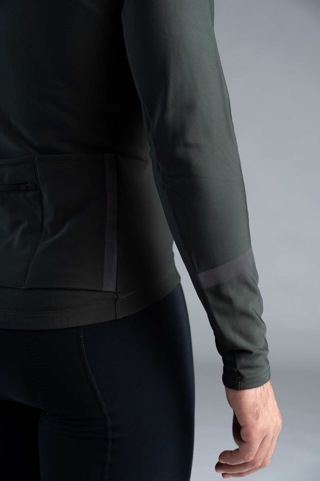 Men's Dark Green Thermal Long Sleeve Cycling Jersey - Reflective Sleeve