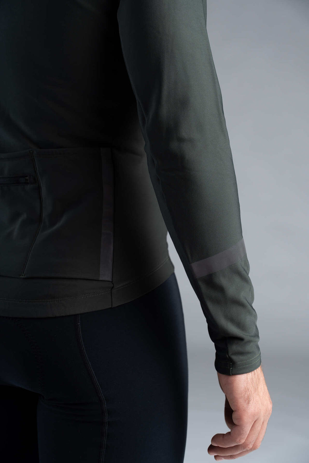 Men's Dark Green Thermal Long Sleeve Cycling Jersey - Reflective Sleeve