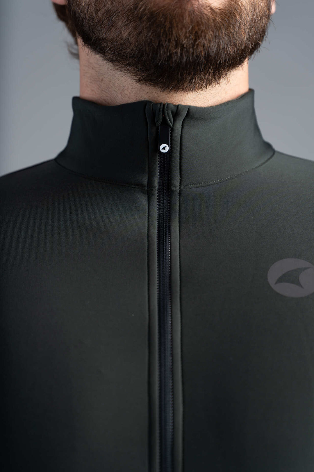Men's Dark Green Thermal Long Sleeve Cycling Jersey - Zipper + Collar
