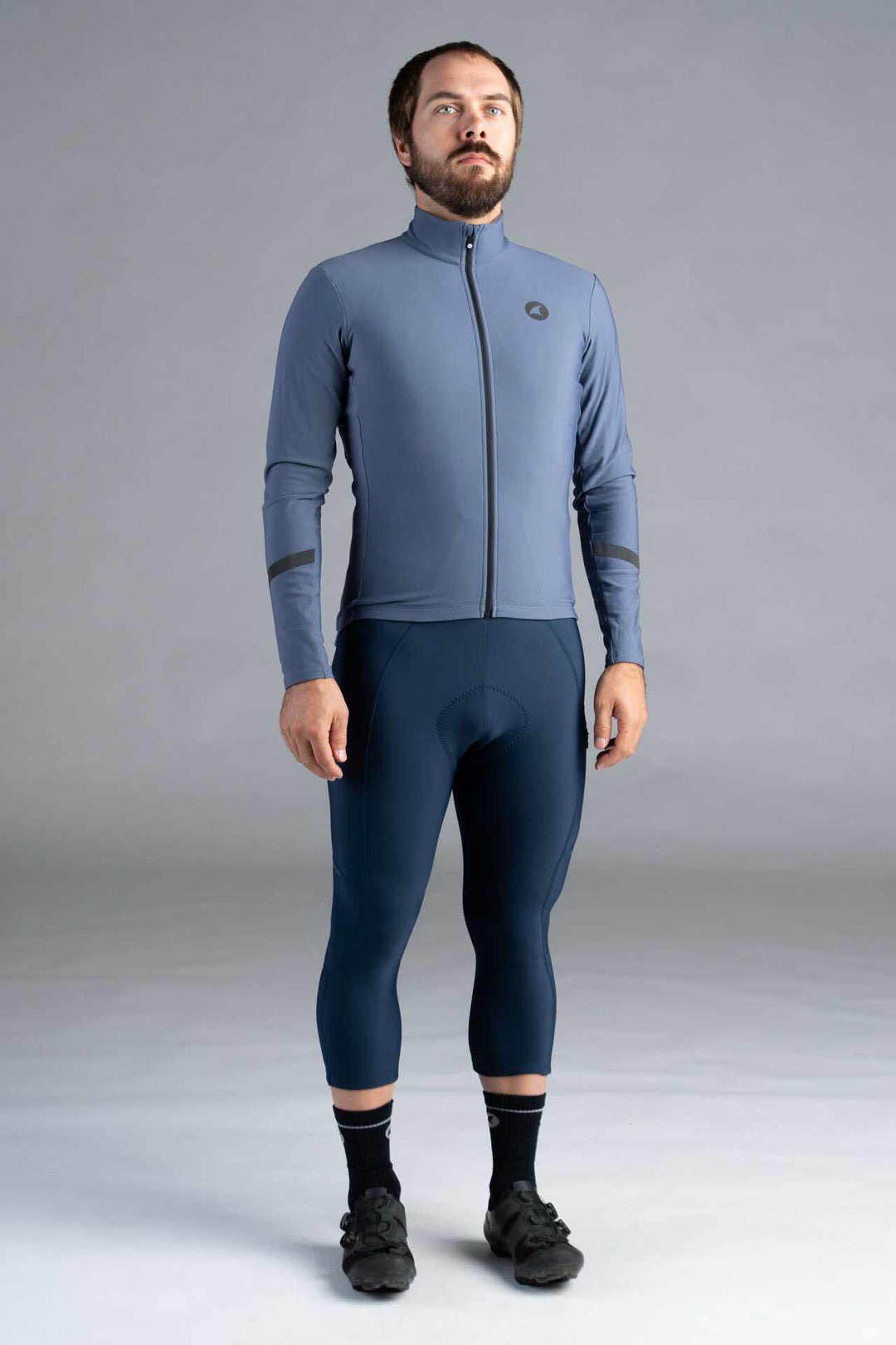 Men's Blue-Grey Thermal Long Sleeve Cycling Jersey - Front View Full Body