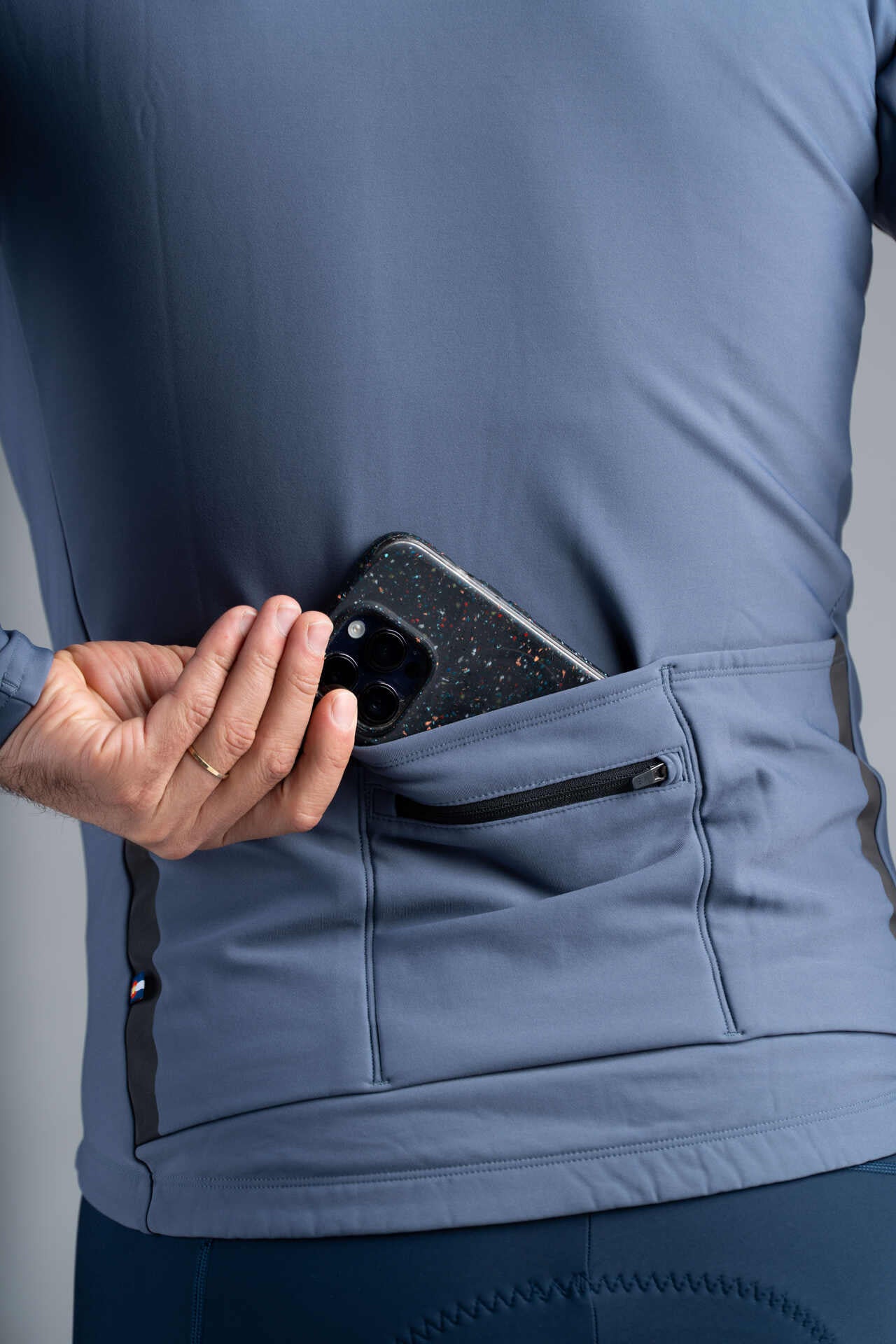 Men's Blue-Grey Thermal Long Sleeve Cycling Jersey - Back Pockets