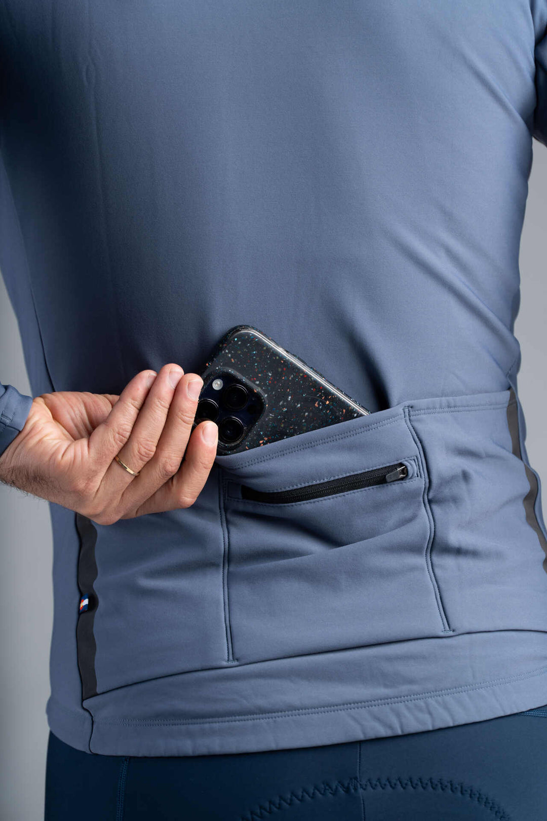 Men's Blue-Grey Thermal Long Sleeve Cycling Jersey - Back Pockets