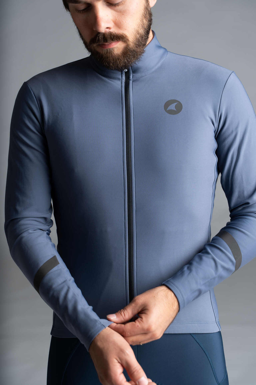 Men's Blue-Grey Thermal Long Sleeve Cycling Jersey - Front Close-Up