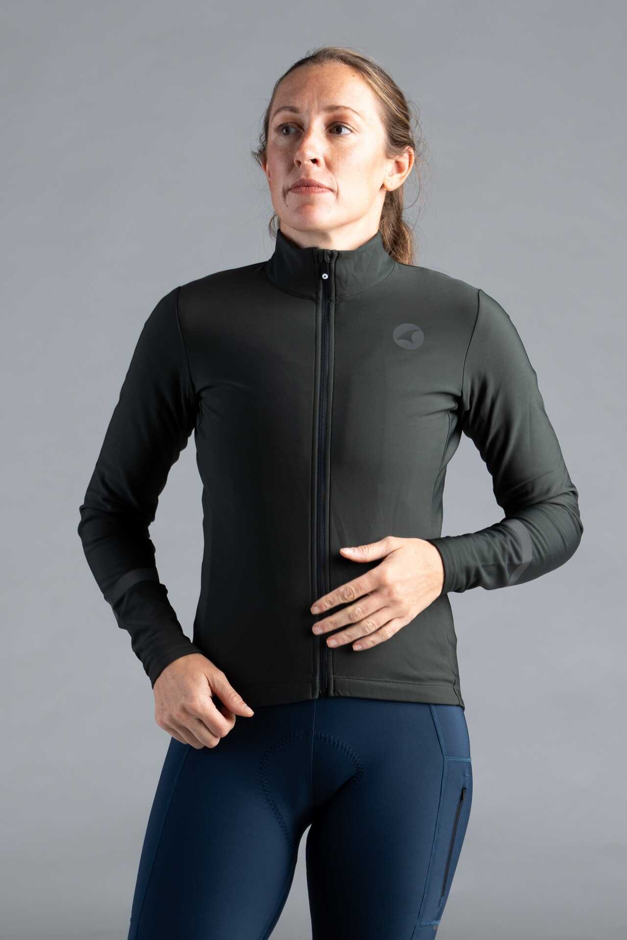 Women's Dark Green Thermal Cycling Jersey - Front View
