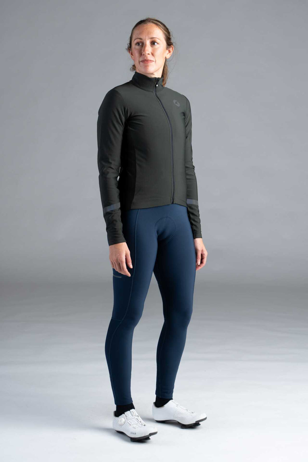 Women's Dark Green Thermal Cycling Jersey - Full-Body Front View