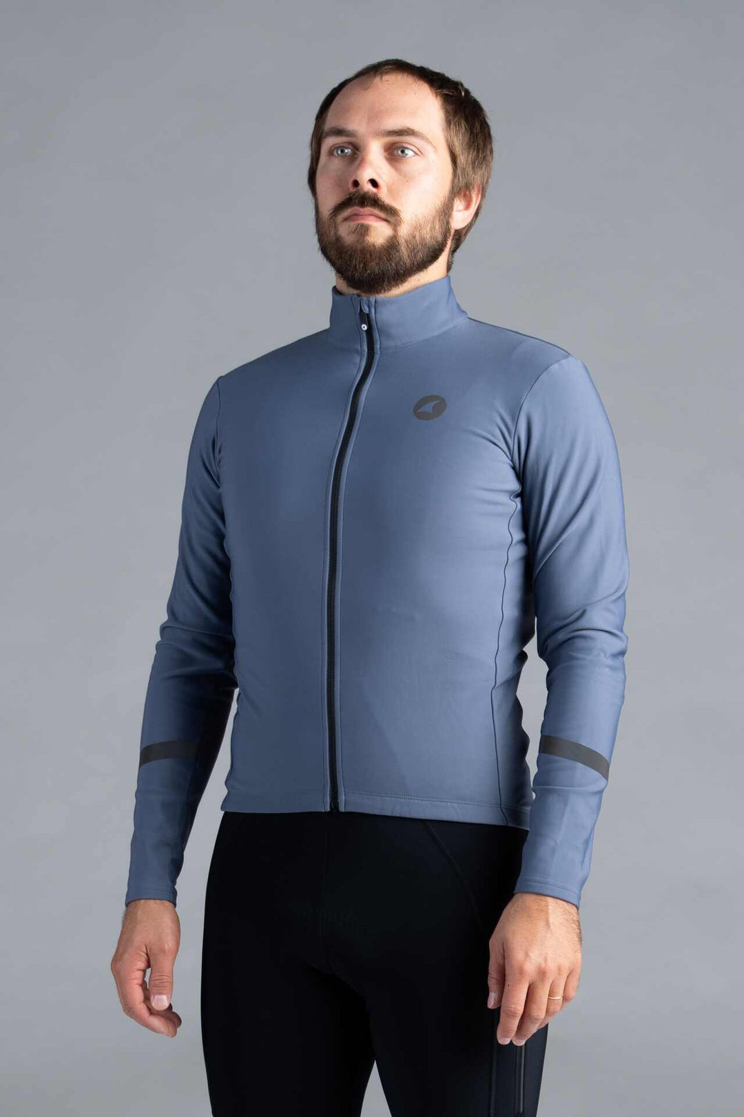 Men's Blue-Grey Thermal Long Sleeve Cycling Jersey - Front View