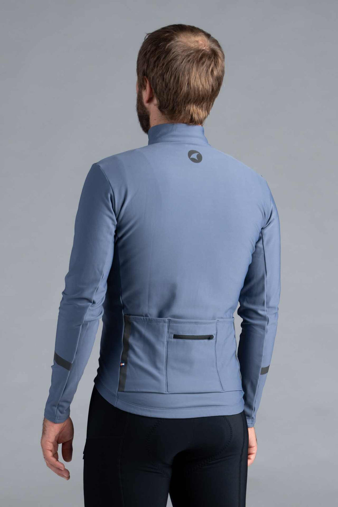 Men's Blue-Grey Thermal Long Sleeve Cycling Jersey - Back View