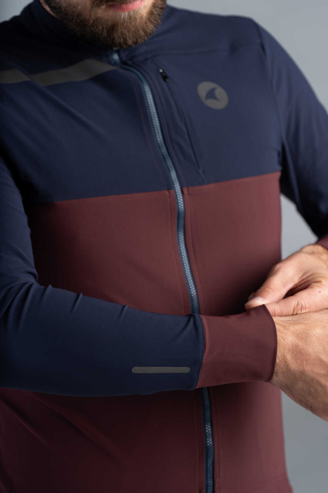 Men's Navy Blue and Maroon Long Sleeve Cargo Cycling Jersey - Sleeve
