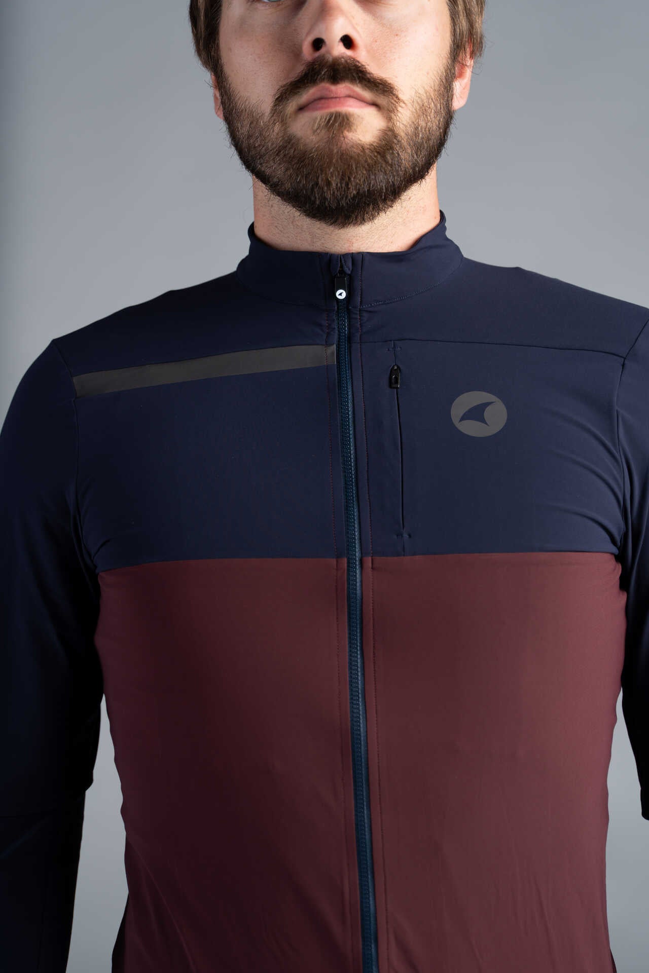 Men's Navy Blue and Maroon Long Sleeve Cargo Cycling Jersey - Front Close-Up
