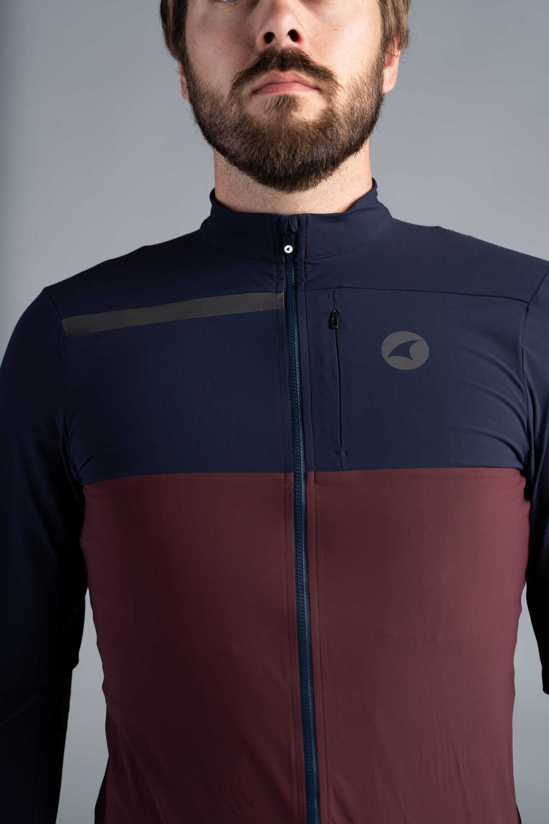 Men's Navy Blue and Maroon Long Sleeve Cargo Cycling Jersey - Front Close-Up