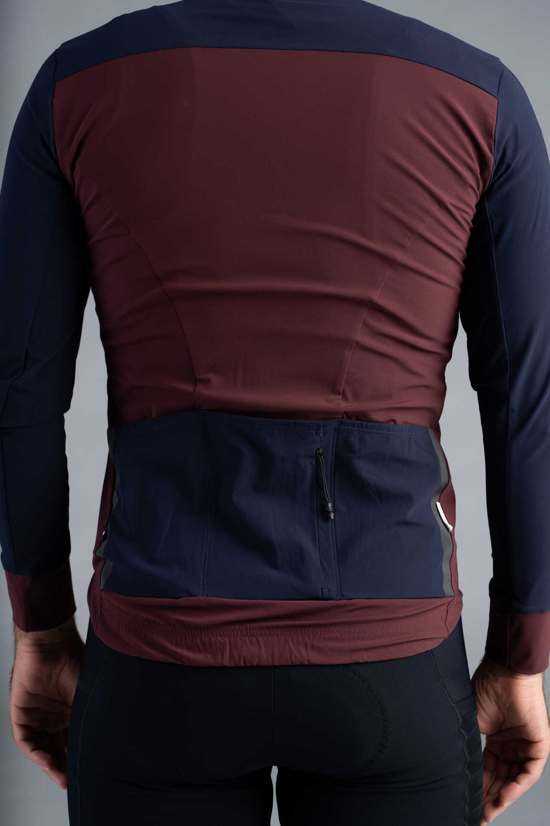 Men's Navy Blue and Maroon Long Sleeve Cargo Cycling Jersey - Back Pockets