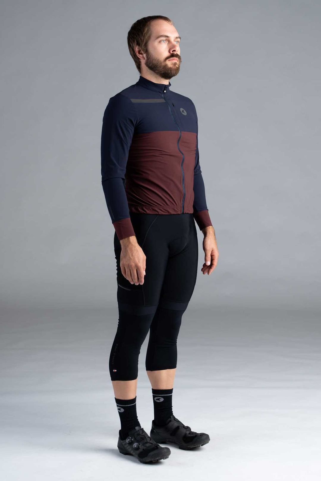 Men's Navy Blue and Maroon Long Sleeve Cargo Cycling Jersey - Right Side View