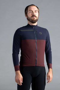 Men's Navy Blue and Maroon Long Sleeve Cargo Cycling Jersey - Front View