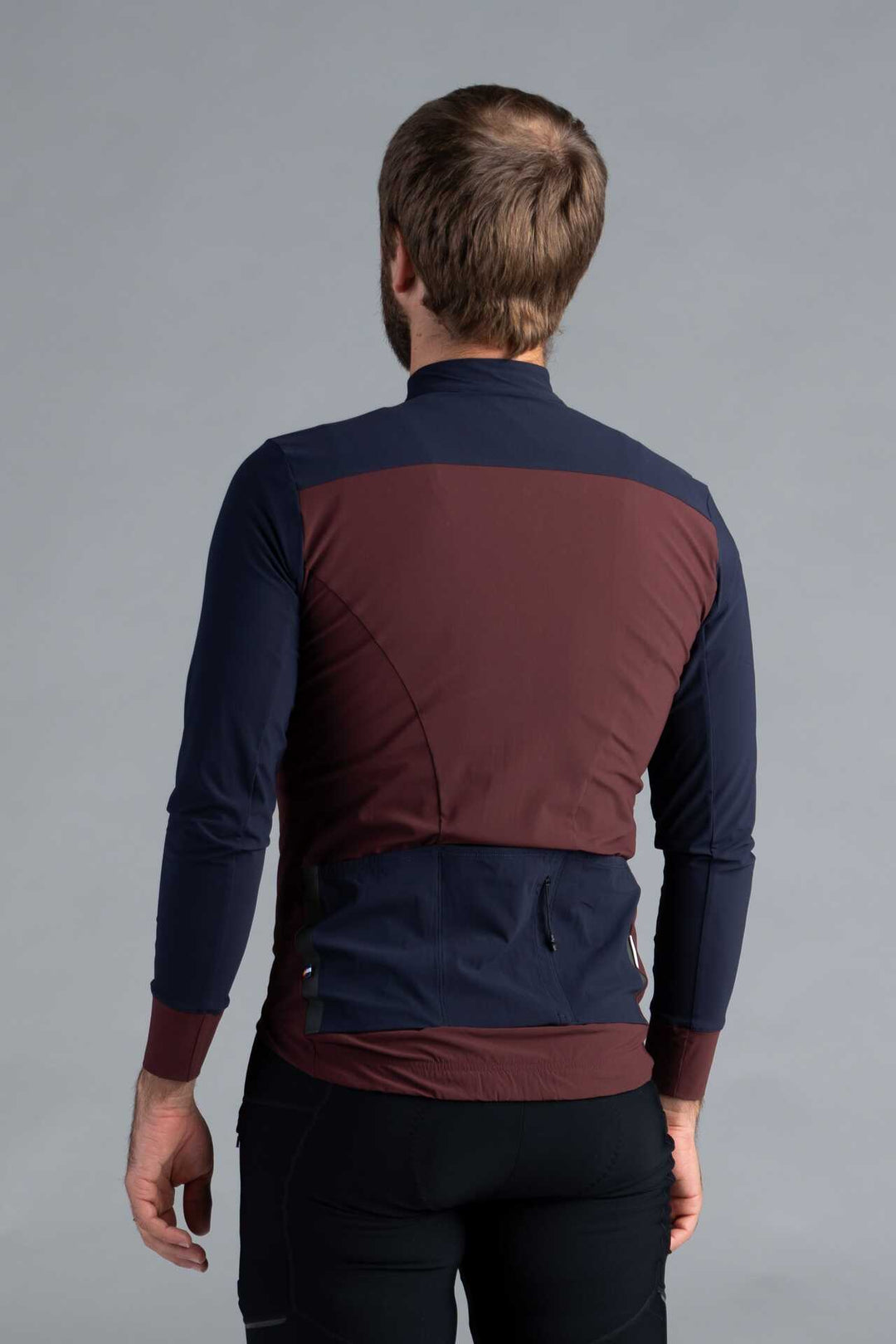 Men's Navy Blue and Maroon Long Sleeve Cargo Cycling Jersey - Back Pockets