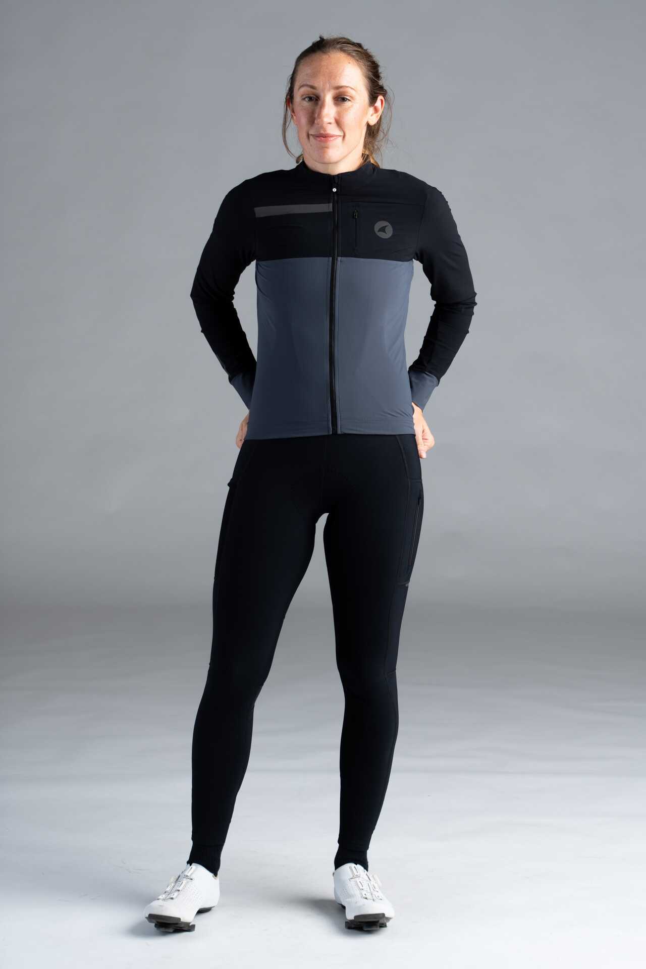 Women's Black and Gray Long Sleeve Cargo Cycling Jersey - Full-Body Front View