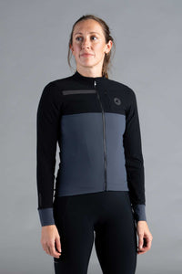 Women's Black and Gray Long Sleeve Cargo Cycling Jersey - Front View