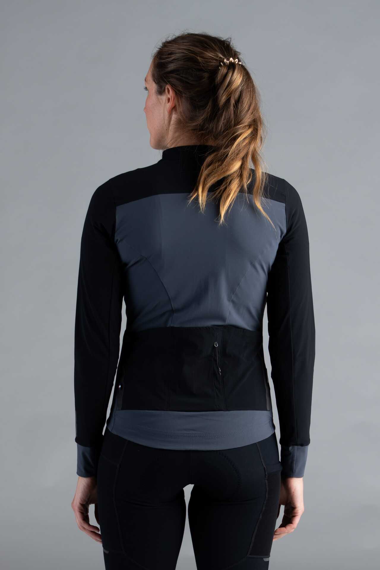Women's Black and Gray Long Sleeve Cargo Cycling Jersey - Back View