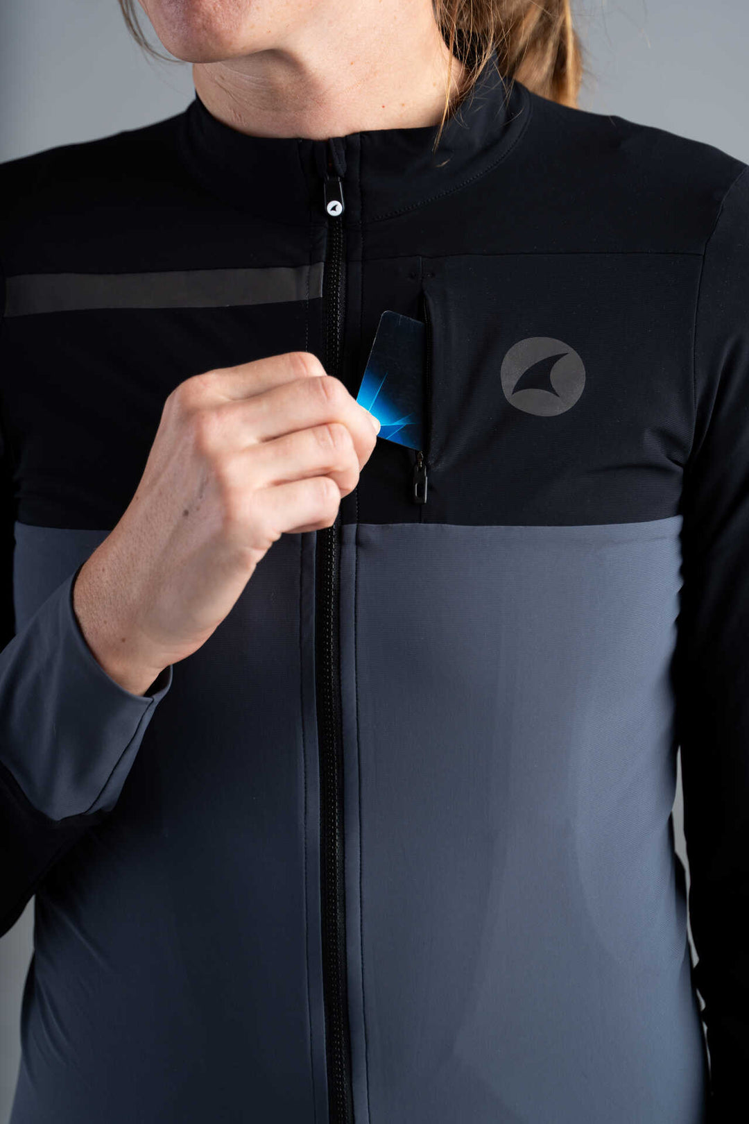 Women's Black and Gray Long Sleeve Cargo Cycling Jersey - Zippered Chest Pocket