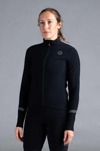 Women's Black Thermal Long Sleeve Cycling Jersey - Front View